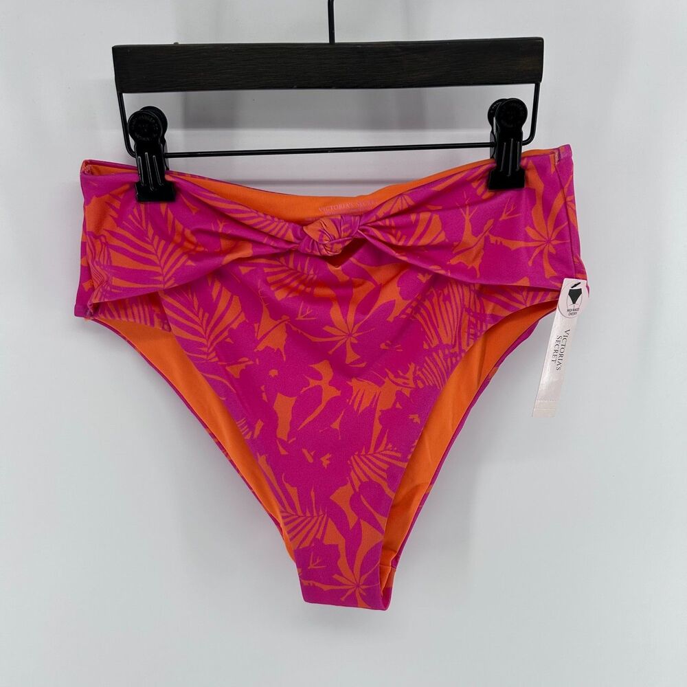 NWT Victoria Secret Knotted High-Waist Cheeky Bikini Bottom Women's S Pink Palm